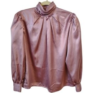 Vintage Laura‎ Scott Blouse Size 8 Mauve Satin Mock Neck Pleated Long Sleeve